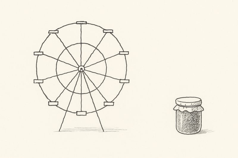 Une grande roue minimaliste et un unique pot de confiture posé à côté, en traits tremblés, symbolisent le passage de l’abondance anxiogène à une décision simple.